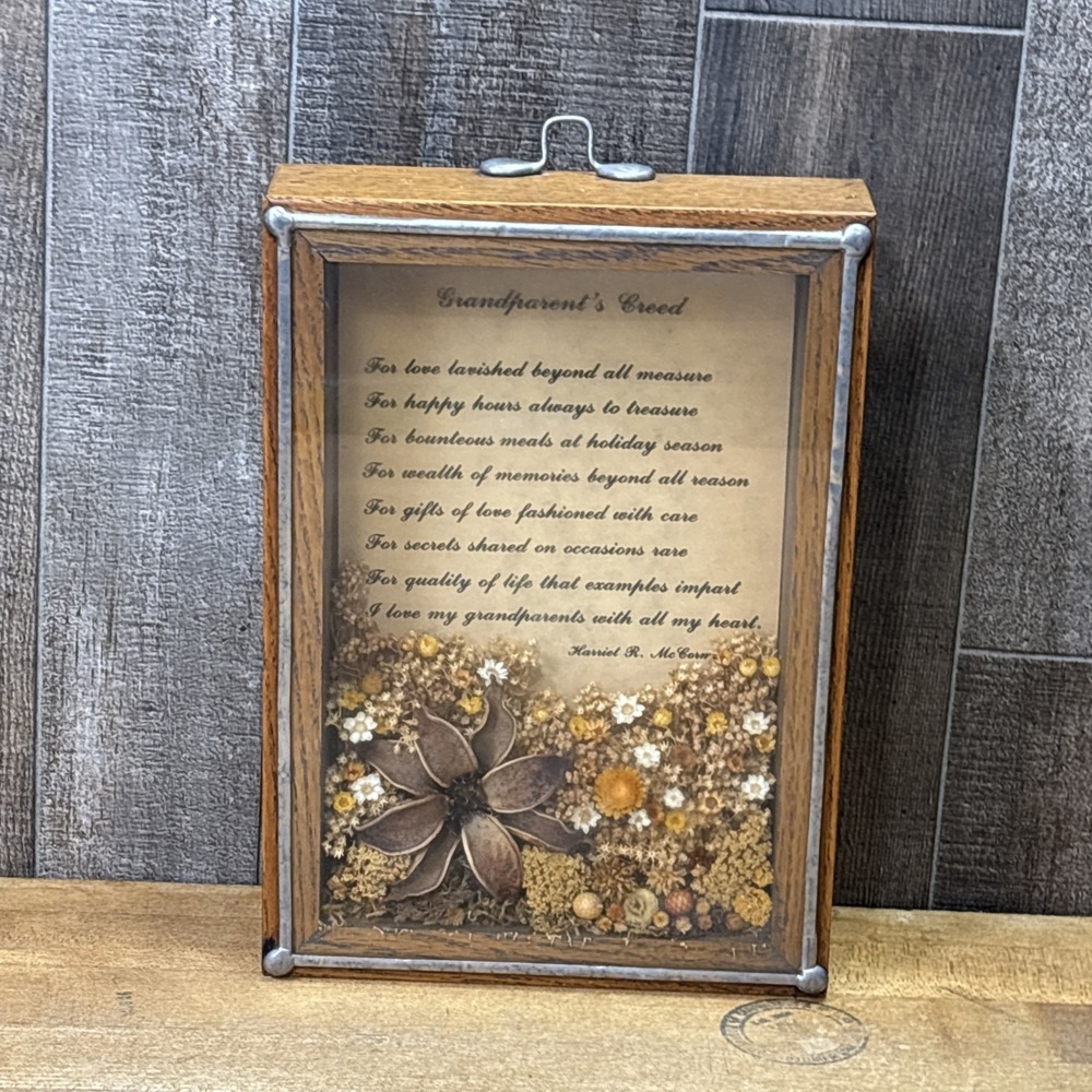Vintage Grandparents Creed Poem Shadow Box Pressed Flowers Wood Frame